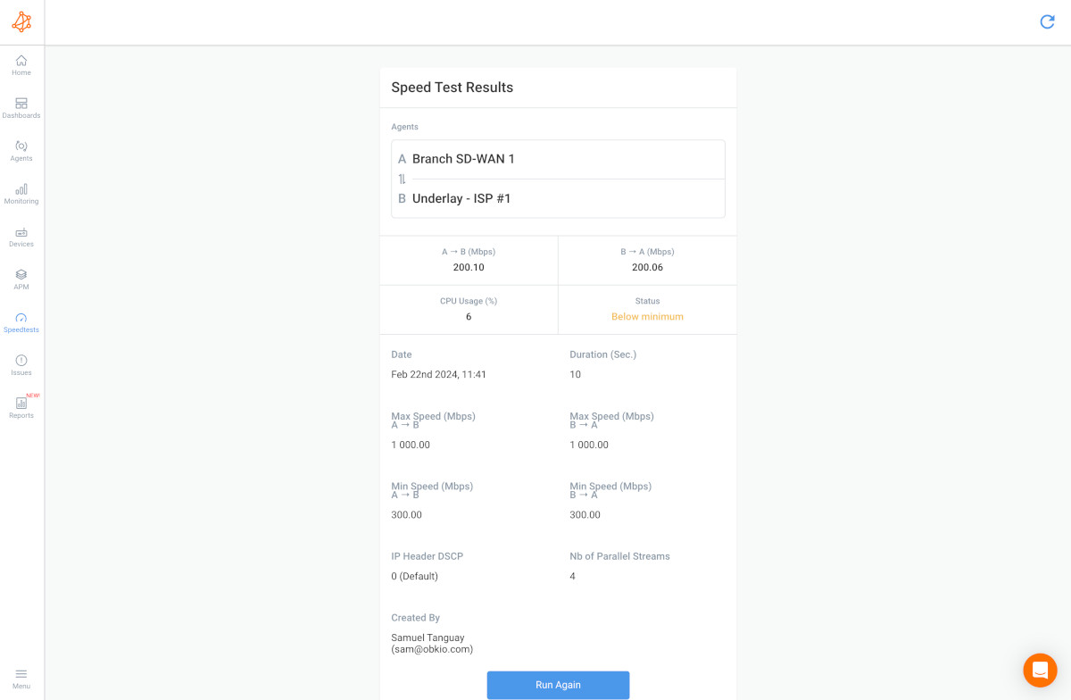 Obkio Speed Tests feature